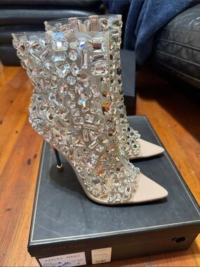 Azalea Wang Embellished Nude Crystal Ankle Booties